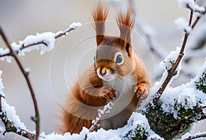A close up of a Red Squirrel in Winter