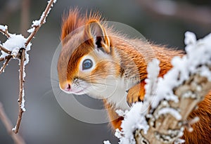 A close up of a Red Squirrel in Winter