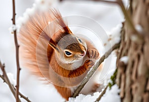A close up of a Red Squirrel in Winter