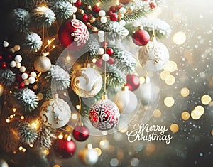 Close up of red, white balls on christmas tree. Bokeh garlands in the background.