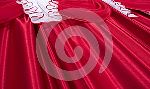 Close up of red and white color lambrequin and curtains, silk texture with folds