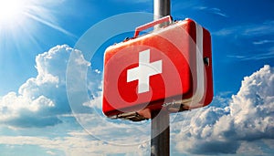 Close-up of a Red and White First Aid Sign on Blue sky with Clouds - Generative Ai