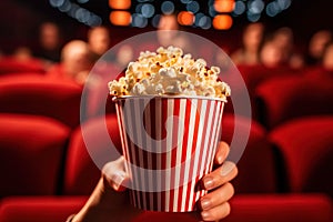Close up on a red and white striped popcorn cup with lots of popcorn in a movie theater with red Generative AI