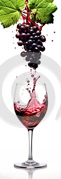 Close up of red wine dripping from grape cluster into wine glass. Generative Ai