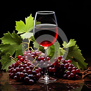 Close-Up of Red Wine Glass with Cluster of Grapes in the Dark. AI generation