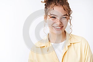 Close-up redhead pretty friendly-looking outgoing freckles girl smiling broadly laughing carefree having fun positive
