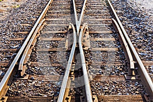 Close up of redirection old train or railroad tracks with wooden backing In the countryside