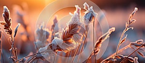 Close up of reed grass in the field at sunset. Nature background