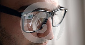 Close Up Reflection Glasses Business Businessman Laptop 4k Slow Motion Routine Office Young Man Eyes.