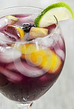 Close-up of refreshing ice cold fruit filled red sangria