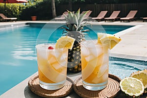 Close-up of a refreshing pineapple cocktail by the pool