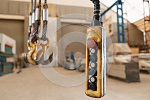 Close up remote control switch for overhead crane in manufacture workshop