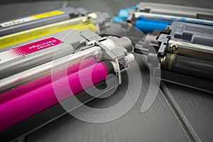 Close-up of replacement cartridges for the toner of a color laser printer