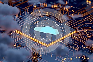 A close-up representation of a cloud computing concept features a circuit board with a
