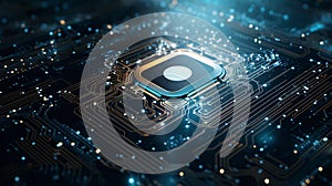 Close up representation of a quantum processor chip with lights around it