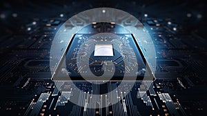 Close up representation of a quantum processor chip with lights around it