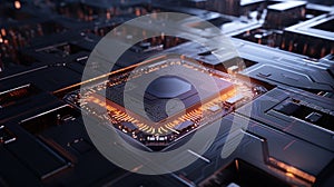 Close up representation of a quantum processor chip with lights around it