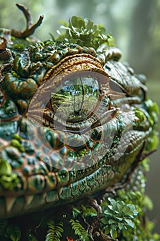 Close up of a Reptile Eye Reflecting Green Forest Environment Nature and Wildlife Concept