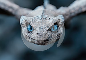 Close-up of a reptile\'s face with striking blue eyes photo