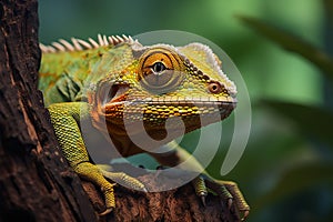 Close up reptile On a tree branch against stunning natural background
