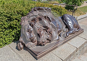 Close up of a resting lion figure in Lubeck  Germany