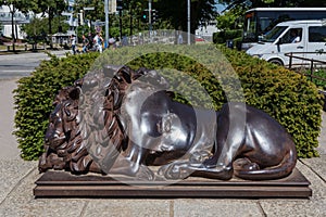 Close up of a resting lion figure in Lubeck  Germany