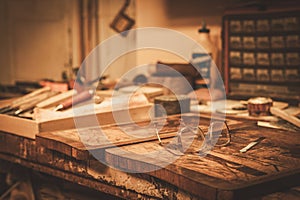 Close-up of the restorer worktable in his workshop