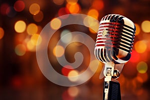 Close up of a retro microphone on stage with bokeh background