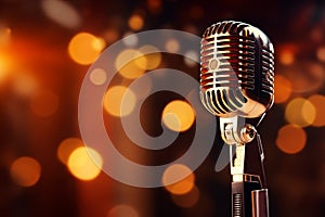 Close up of a retro microphone on stage with bokeh background