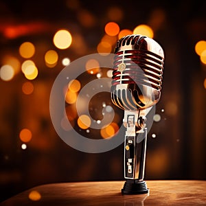 Close up of a retro microphone on stage with bokeh background