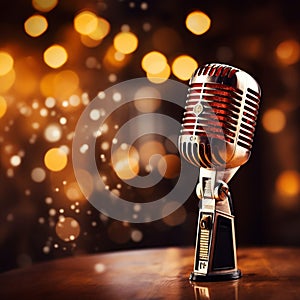 Close up of a retro microphone on stage with bokeh background