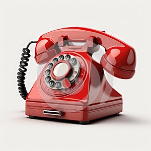 Close up of retro old red telephone on white background, created using generative ai technology