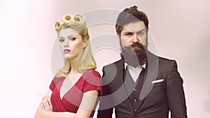 Close up retro portrait two beautiful amazing she her he him his couple lady guy. Pretty couple dressed vintage clothe