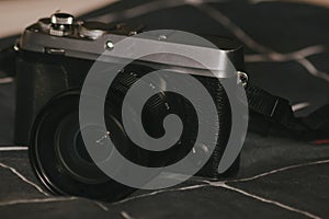 Close-up of a retro rangefinder looking camera