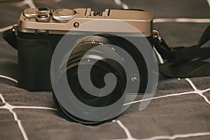 Close-up of a retro rangefinder looking camera