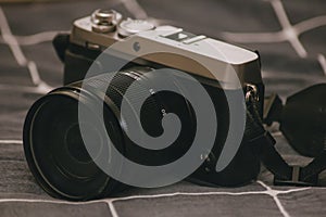 Close-up of a retro rangefinder looking camera