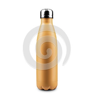 Close-up of reusable steel thermo water bottle isolated on white background. Fortuna Gold of color, 2021 trend.