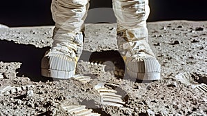Close-up reveals astronaut's feet on the moon's surface, symbolizing mankind's giant leap into spa