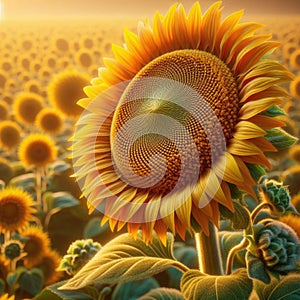 Close-up view of a sunflower head, with a field of sunflowers in background