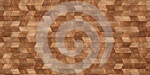 Close up of rhomboid wooden cubes or blocks herringbone surface background texture, empty floor or wall hardwood wallpaper