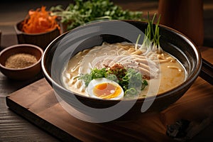 close-up of rich and creamy tonkotsu broth with floaty egg and slice of pork