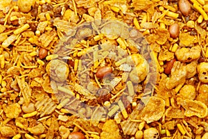 Close-up of Rich and Spicy Makhana Mix Indian namkeen (snacks) Full-Frame Background.