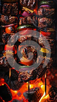 A close-up on the rich textures and vibrant colors of skewers over the grill, with smoke wafting through the air.