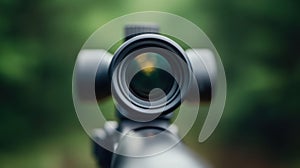 Close-up of a Rifle Scope in a Forest Setting