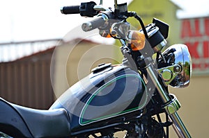 Close up of the Right Side of a Black Custom Motorcycle