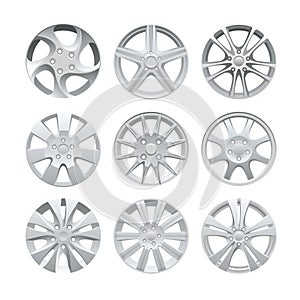 Close up of rims car alloy wheel. Aluminum wheel vector set. Figured alloy rim for car, tracks. photo