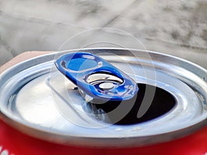 Close up ring pull tab aluminum of cans. Close up of aluminum can on a top view. Open lid cans of aluminum beverage cans