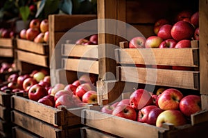 close-up of ripe apples in wooden crates