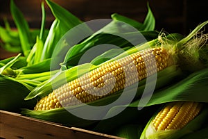 Close-up of ripe, colorful ears of sweet corn, fresh organic produce grown by a farmer.