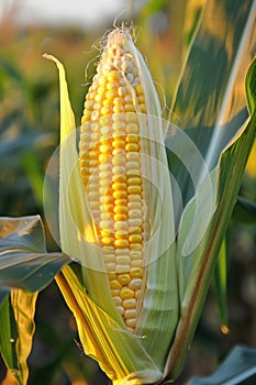 Close-up of a ripe corn ear in a field.